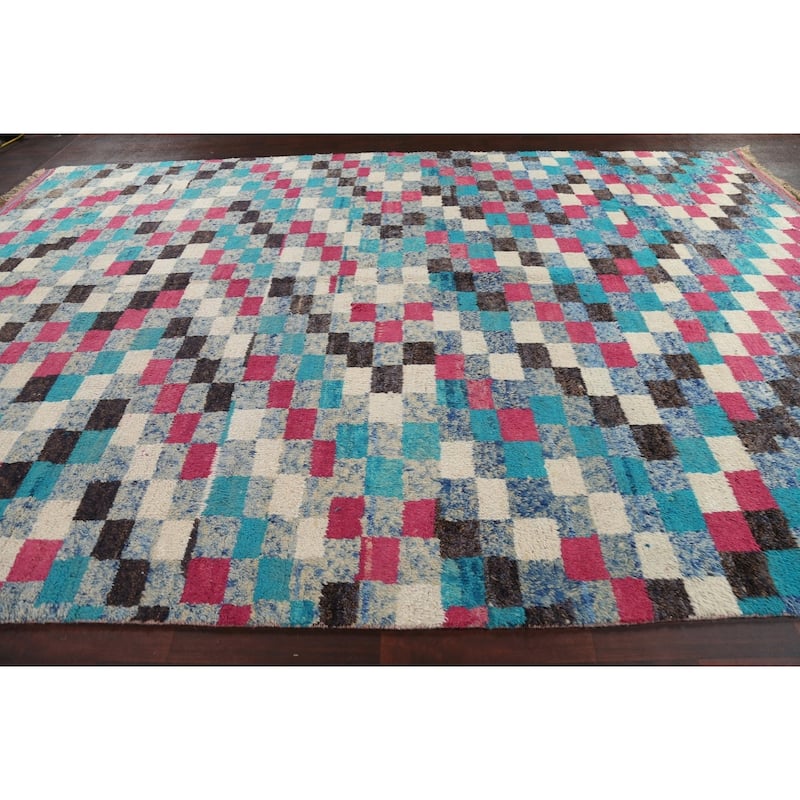Checkered Modern Moroccan Oriental Area Rug Hand-knotted Wool Carpet - 9'10" x 14'10"