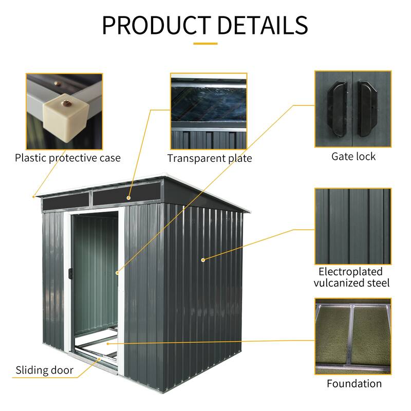 6ft x 5ft Outdoor Metal Storage shed with Lockable Sliding Doors and Transparent plate for Garden, Lawn