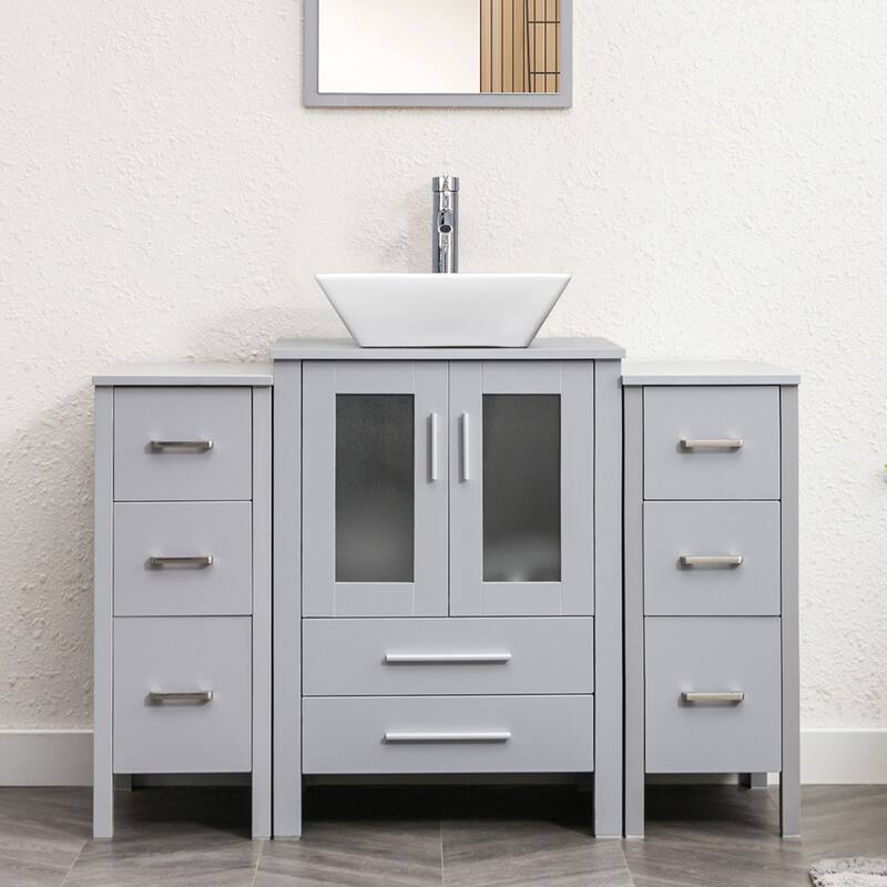 48" Bathroom Vanity Set Vessel Sink Faucet W/ Small Cabinet Combo - white ceramic square sink - Grey