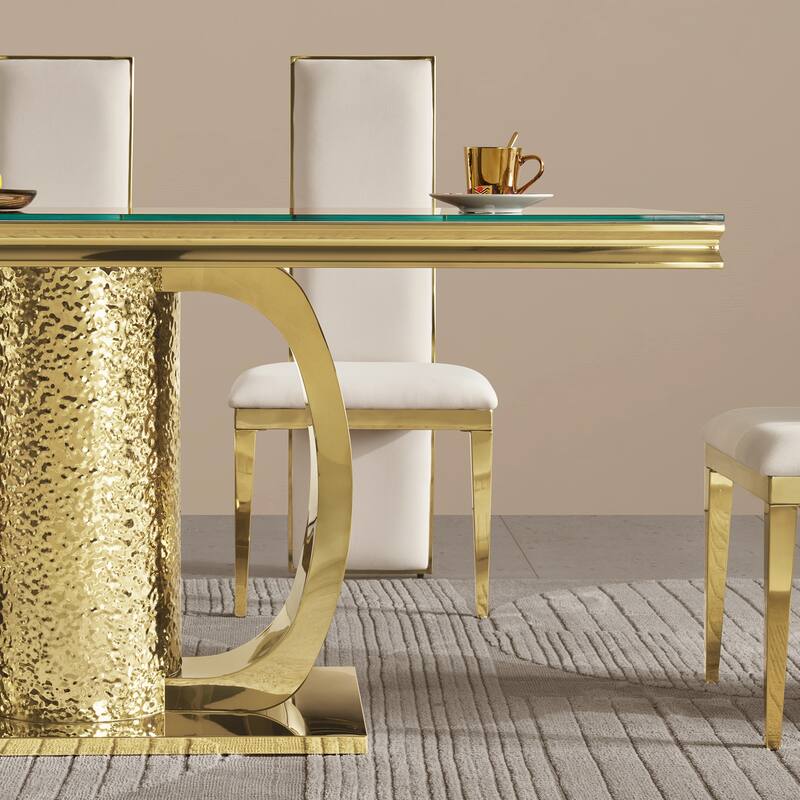 Gold stainless steel dining table 70.08 inch black tempered glass top with sticker