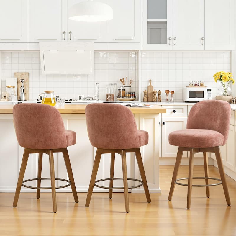 26" Upholstered Swivel Counter Stool With Solid Wood Frame - 37.8"H x 19.7"W x 23.2"D - Set of 3 - Chenille-Pink