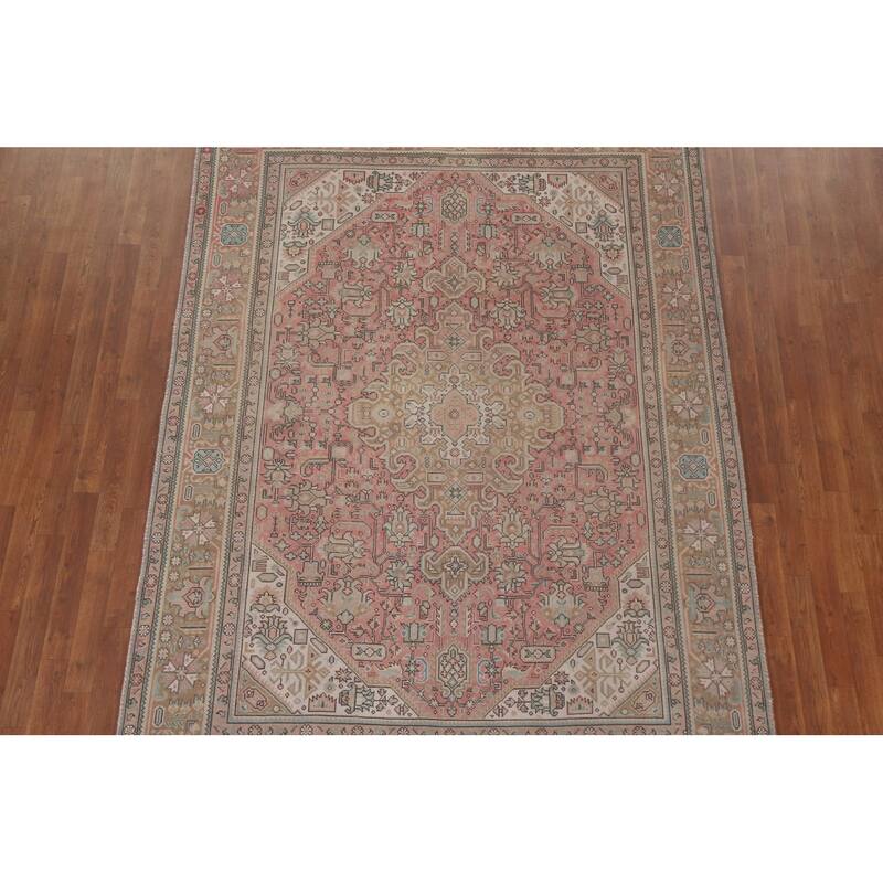Hand Knotted Oriental 100% Wool Carpet Traditional Medallion Pink Tabriz Area Rug - 9' 4'' X 6' 5''
