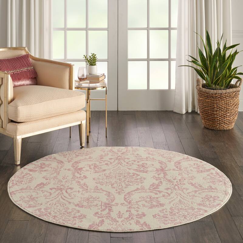 Nourison Jubilant Vintage Farmhouse Damask Area Rug - 5'3" Round - Ivory/Pink