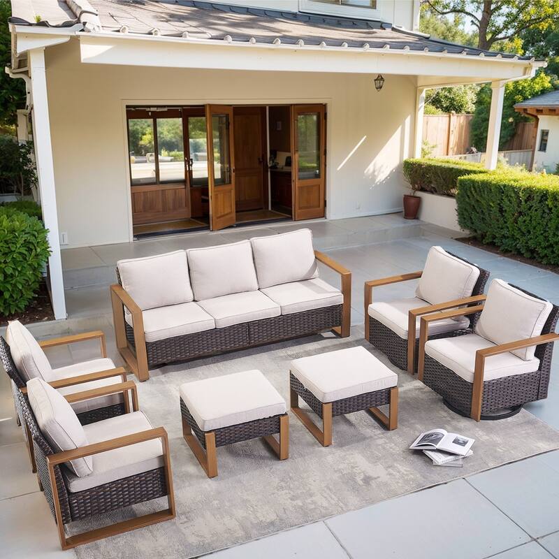 Wicker Sofa Rattan Swivel Chair with Club Chair and Ottoman - Brown - Beige - Brown