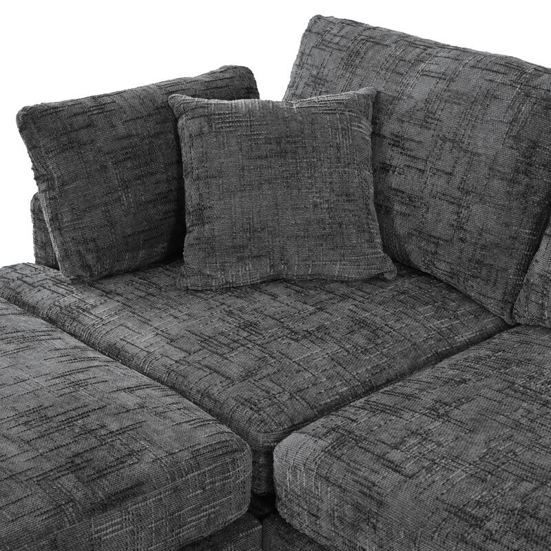 U-Shaped Sectional Sofa with Movable Ottoman, 6 Piece Chenille Sofa Set, Pine Wood Frame Convertible Modular Corner Couch