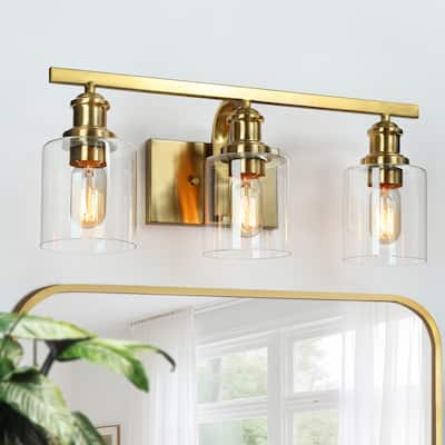 Oriva Modern 3-Light Gold Wall Sconce Cylinder Clear Glass Bathroom Vanity Light - Brushed Electroplated Copper - W22"xD6.5"xH9"