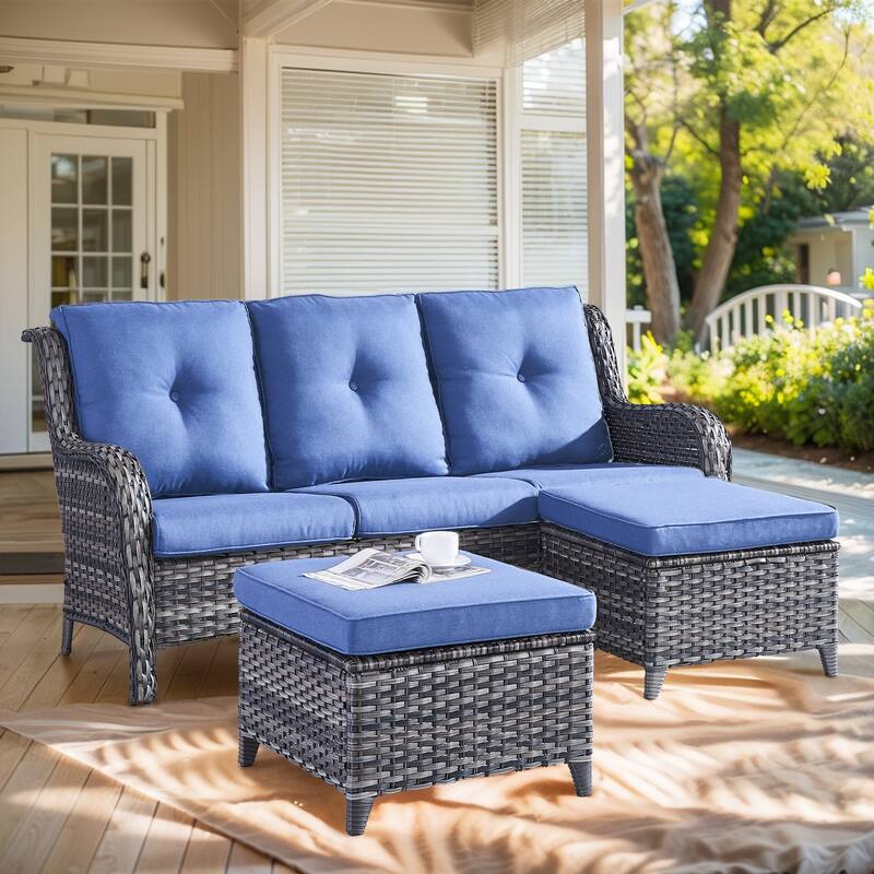 Outdoor 3-Piece Sofa with Ottomans Grey-Blue - Grey - Grey - Blue