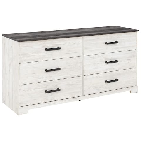 6 Drawer Wooden Dresser with Grain Details, White and Gray