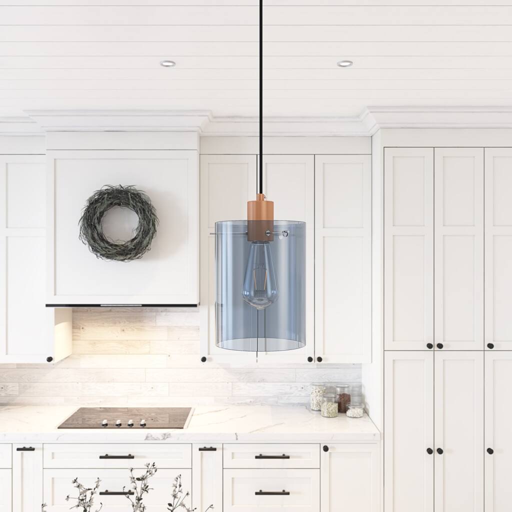 Modern Grey 1-Light Cylinder Glass Shade Pendant for Kitchen, Dining Room