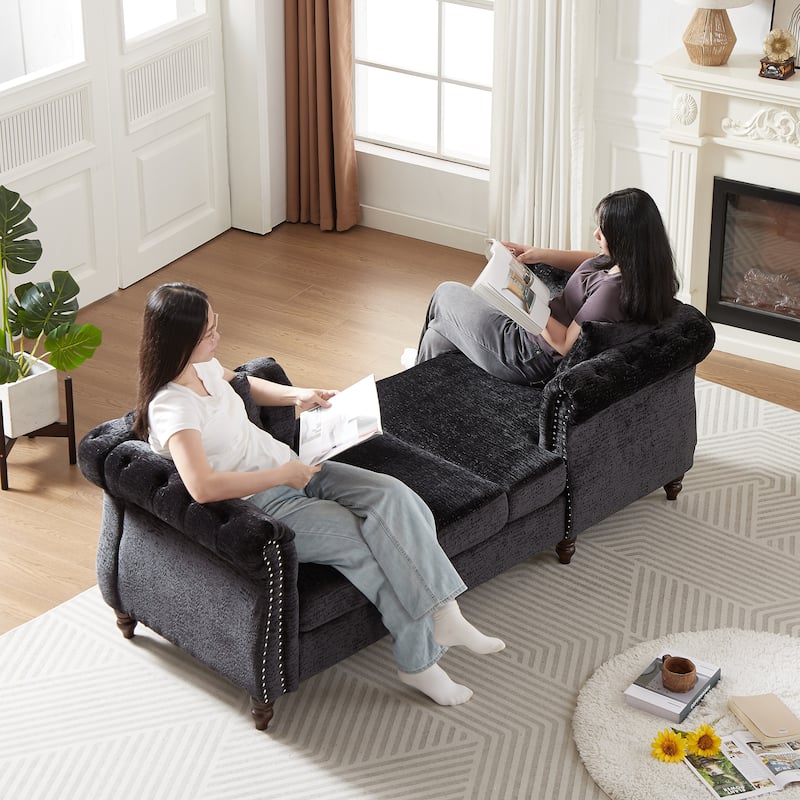 Roomfitters 81" Face-to-Face Chaise Lounge in Chenille, Button Tufted Rolled Arm Sofa with Nailhead Detailing