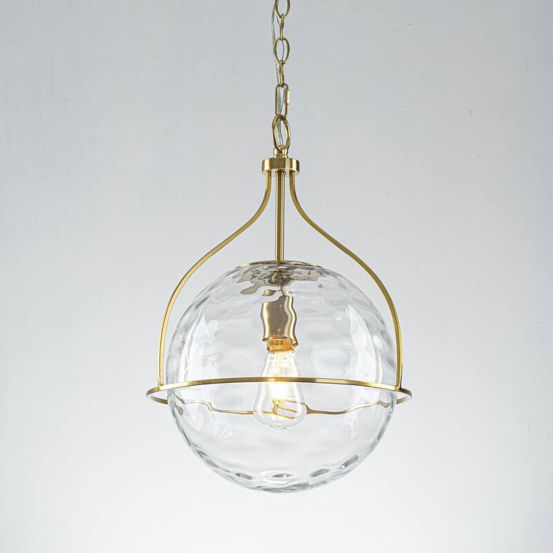 1-Light Modern Transitional Metal & Glass Pendant with Water-Ripple Glass Sphere for Living Room - 13.2" W x 19.3" H - 13.2" W x 19.3" H - Clear/Gold