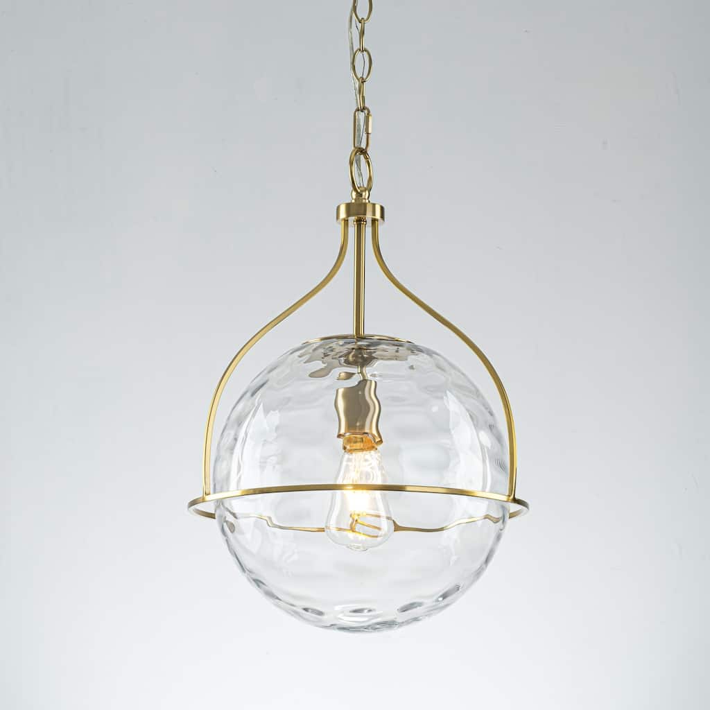 1-Light Modern Transitional Metal & Glass Pendant with Water-Ripple Glass Sphere for Living Room - 13.2" W x 19.3" H