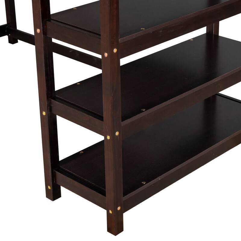 Full/Twin Loft Bed with Integrated Desk and Shelves, Space-Saving Wooden Frame, Durable Pine Wood and MDF, Guardrails Included