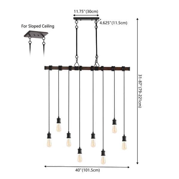 dimension image slide 0 of 2, Zoey 40" 8-Light Vintage Driftwood Iron LED Linear Chandelier with Height Adjustable Bulbs, Brown Wood/Black , by JONATHAN Y