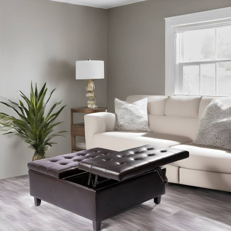 35-Inch Air Leather Tufted Upholstered Lift-Top Ottoman Bench, Large Square Storage Coffee Table for Living Room