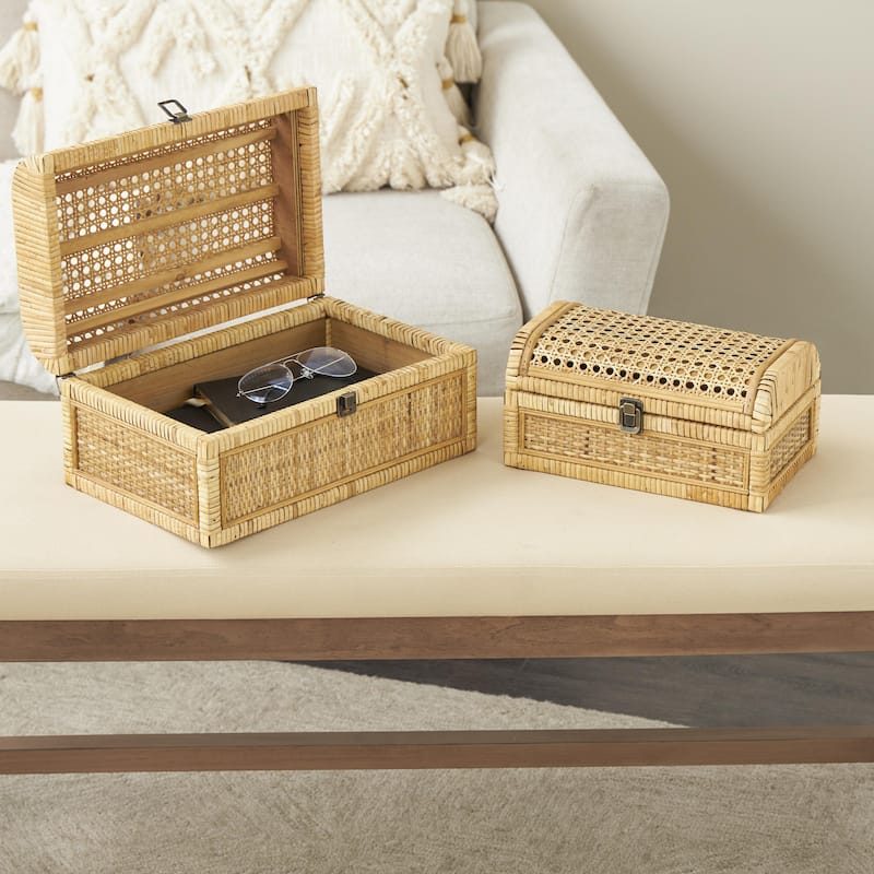 Rattan Handmade Woven Storage Decorative Box with Curved Tops and Wrapped Edges - Set of 2 Brown - Roche River Decor