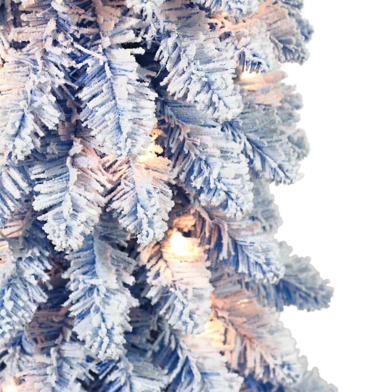 Puleo International 7 ft. Pre-Lit Flocked Blue Artificial Alpine Pencil Tree