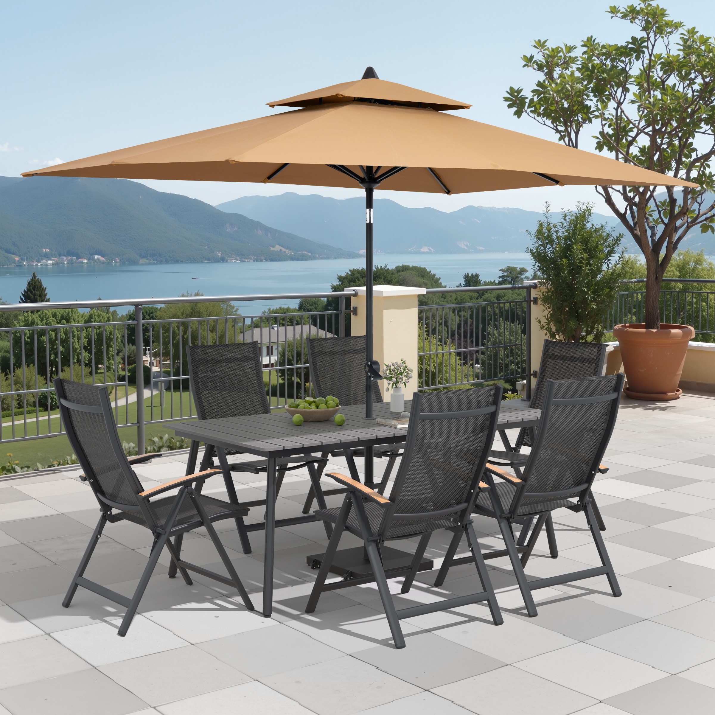 9/11-Piece Outdoor Patio Dining Set Aluminum Dining Table and Folding Chairs w/10 ft Umbrella and Base