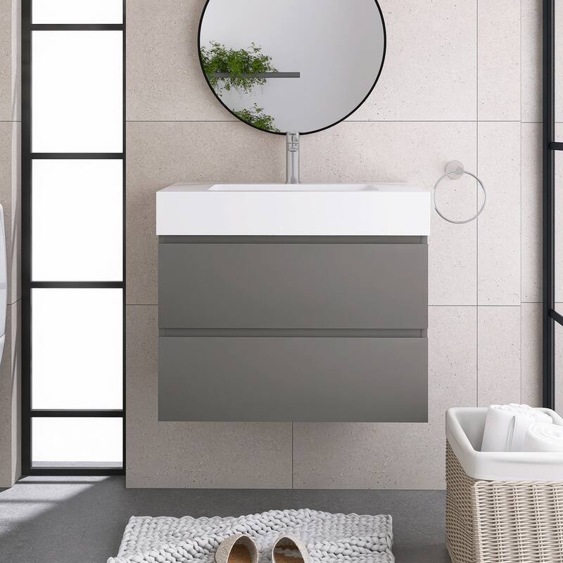 Floating Bathroom Vanity with Solid Surface Top - 29.9'' x 18.1'' x 25.2'' - Gray
