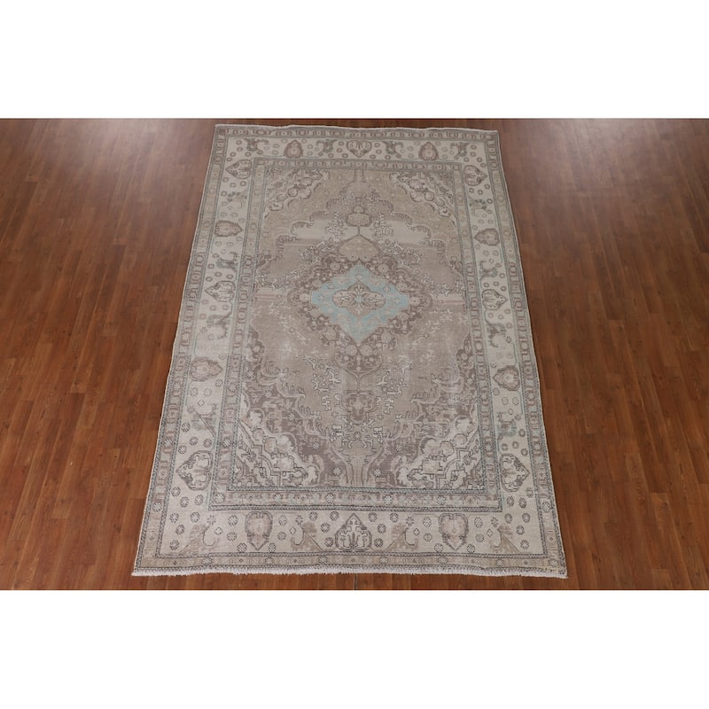 Distressed Tabriz Persian Vintage Rug Handmade Beige Wool Carpet - 6'6"x 9'8"