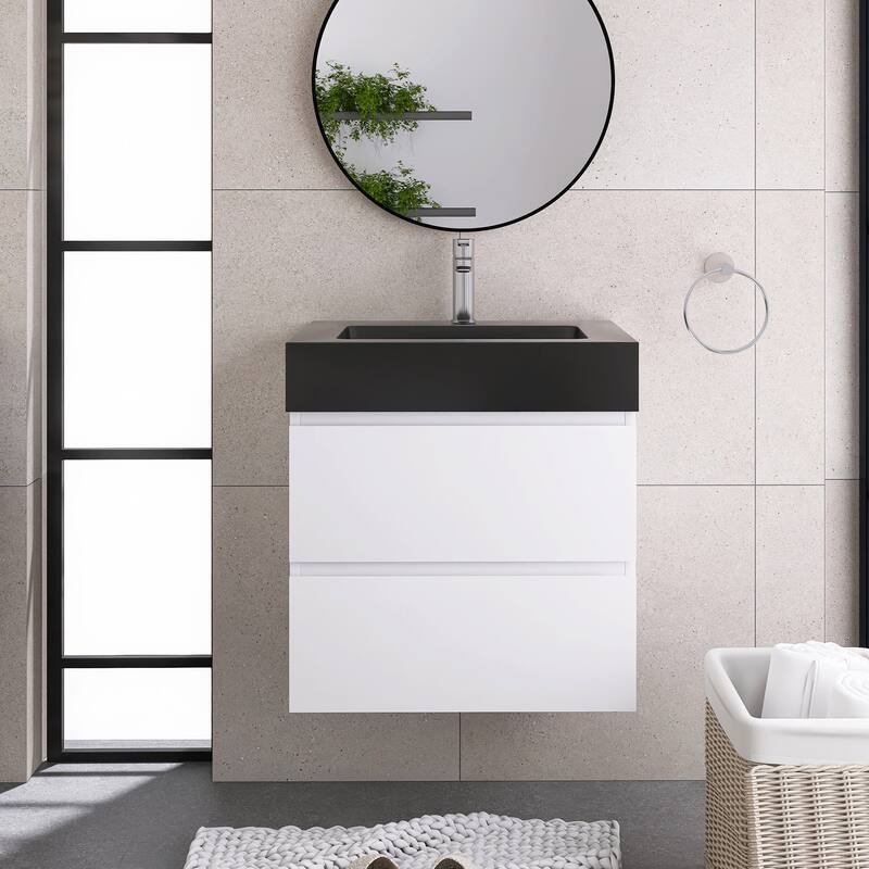 24"/30"/36" Wall-Mounted Bathroom Vanity Set with Black Integrated Quartz Sand Sink