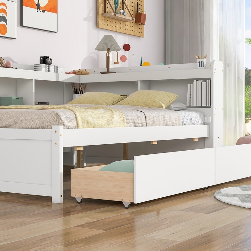 Twin/Full Bed with Storage Drawers and L-Shaped Bookcases, - Picture 10 of 15