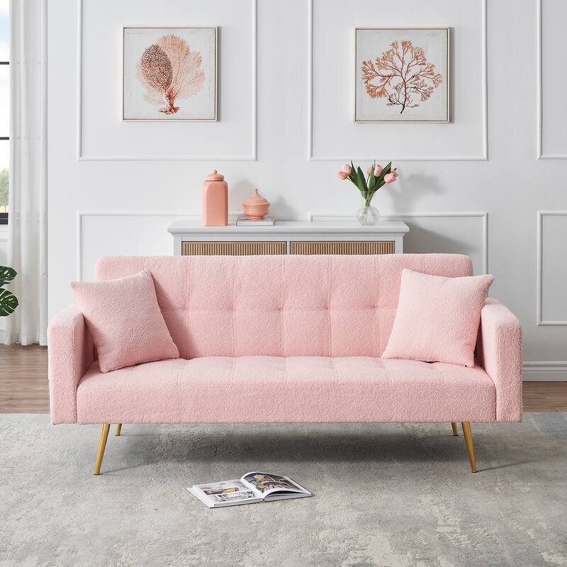 71" Modern Teddy Velvet Sofa Bed Folding Couch with Two Throw Pillows for Living Room - pink