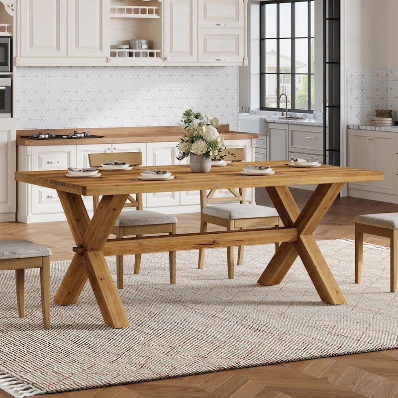 Solid Wood Dining Table for 4-6, Farmhouse Rectangle Kitchen Table with Large Tabletop