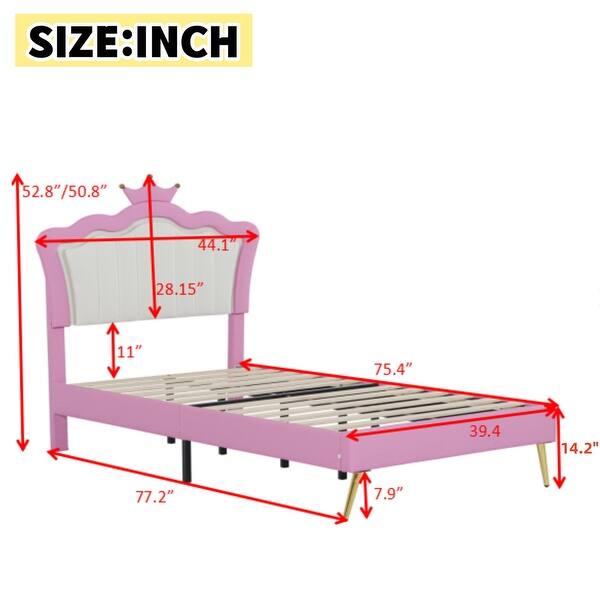Twin Size Upholstered Bed Frame with LED Lights, Crown Headboard, Adjustable Height for Girls, No-Noise Design, Pink+White