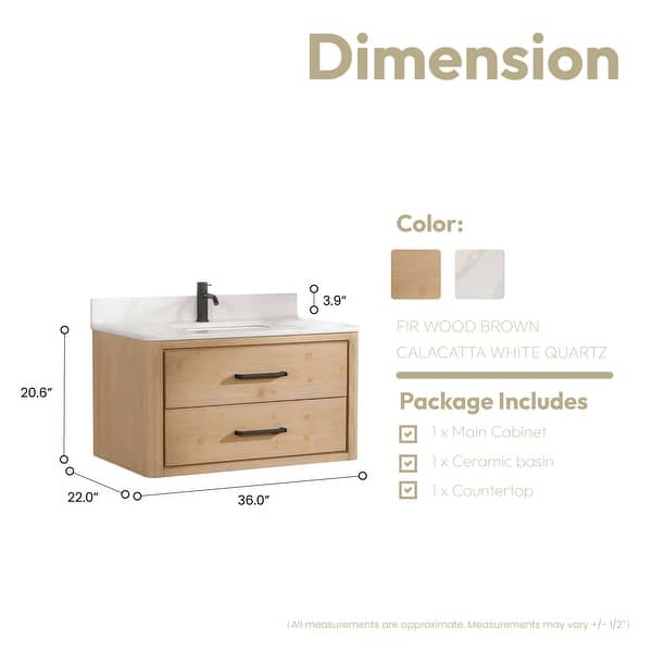 dimension image slide 6 of 10, Cristo Floating Bath Vanity with White Quartz Stone Top without Mirror