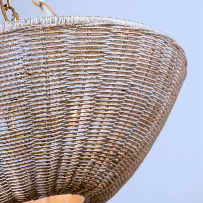 Beige Rattan 3-Light Coastal Woven Wicker Convertible Chandelier Light - 19.68" fixture width x 23.42" fixture height