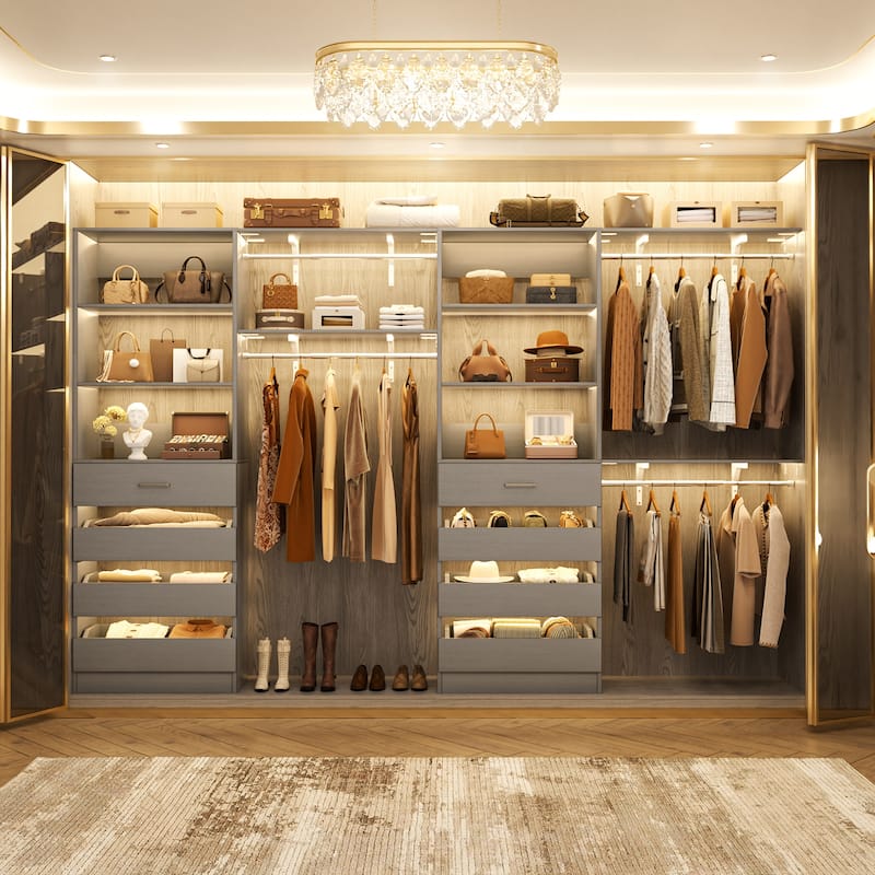 Set of 2 Closet System with Wooden Drawers and Hanging Rods, Closet Organizer with Adjustable Storage Shelves