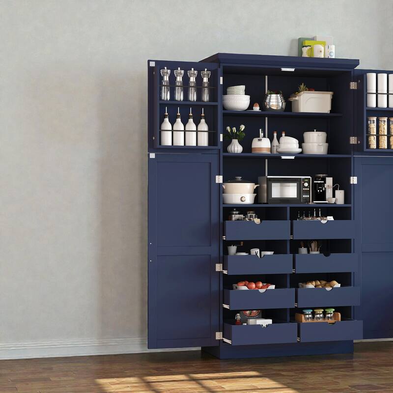 35.5 Inch Freestanding Kitchen Pantry Cabinet with 4 Doors, 8 Pull-Out Trays, Adjustable Shelves, Tall Dining Storage Organizer