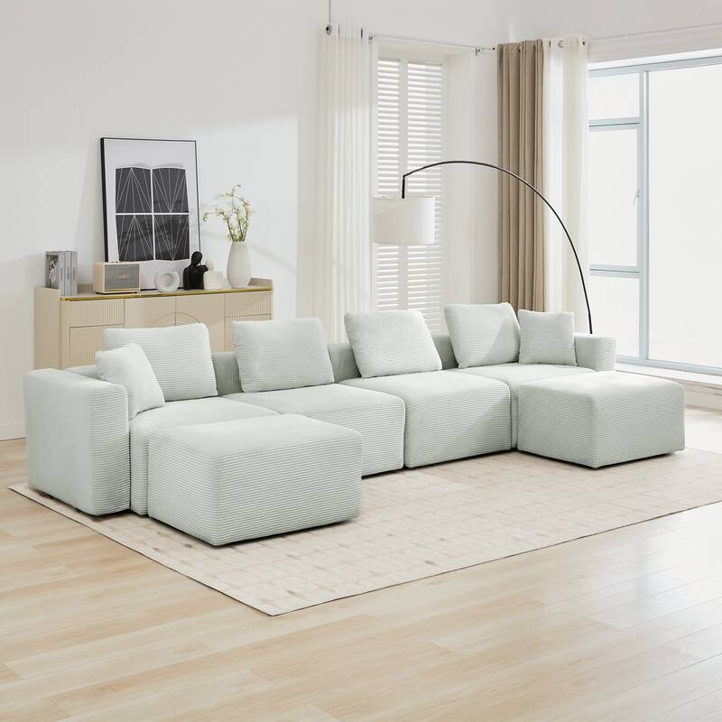 Corduroy Sectional Modular Sofa with Square Arms & Ottoman Extension for Flexible Arrangements