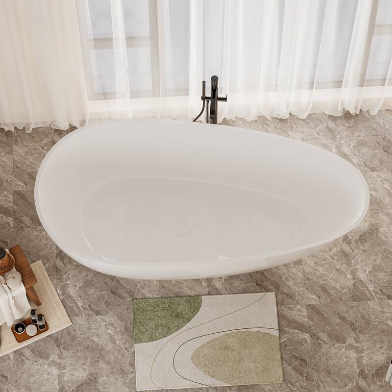 ABRUZZO 59" x 31" Freestanding Solid Surface Soaking Bathtub with Overflow and Drain in Glossy White