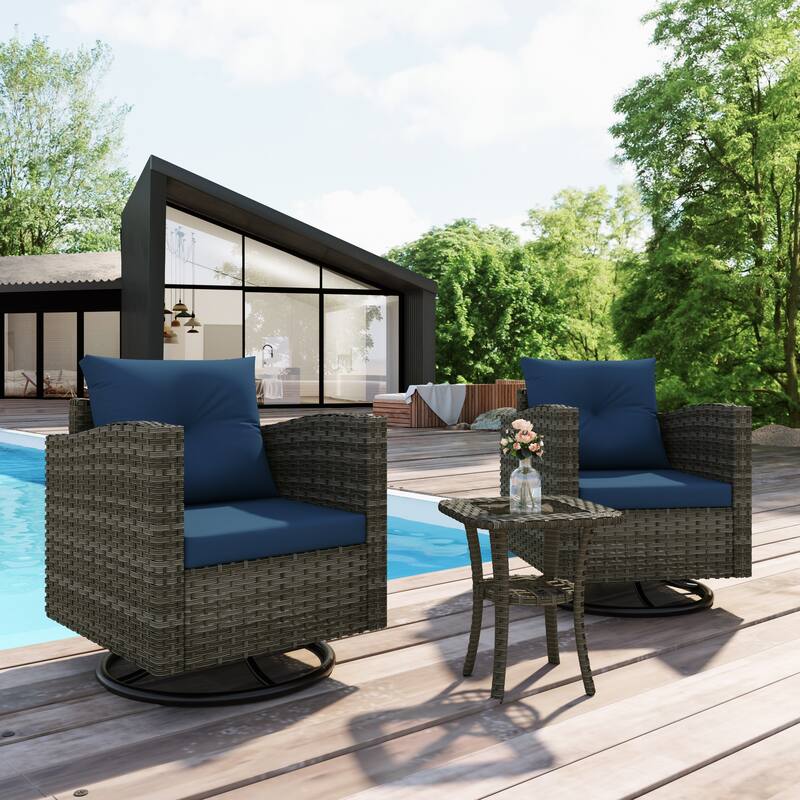 Outdoor Rattan Conversation Swivel Chair Set of 3 with Table