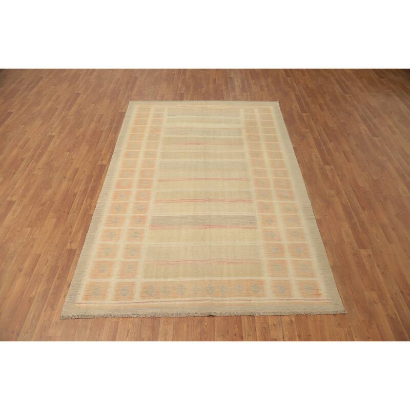 Hand Woven Oriental 100% Wool Carpet Southwestern Tribal Beige & Ivories Kilim Area Rug - 9' 0'' X 5' 11''