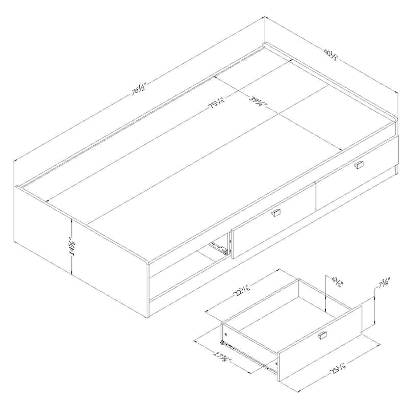Modern Twin Bed with Drawers - Minimalism Style Platform Bed, White Finish, 39 Inch, Engineered Wood