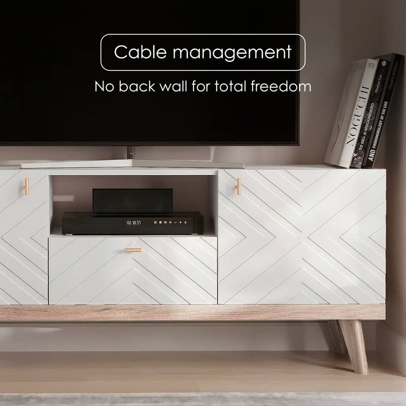 Living Skog Alba Beige TV Stand Console with Drawer Fits TV's up to 65 in. with Wood Legs Mid Century Modern Design