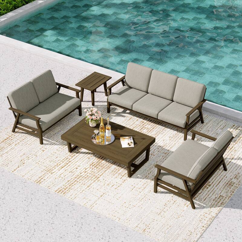 Teak Outdoor Seating Set with Daybed & Tables. - Brown Wood - Light Camel/5-piece