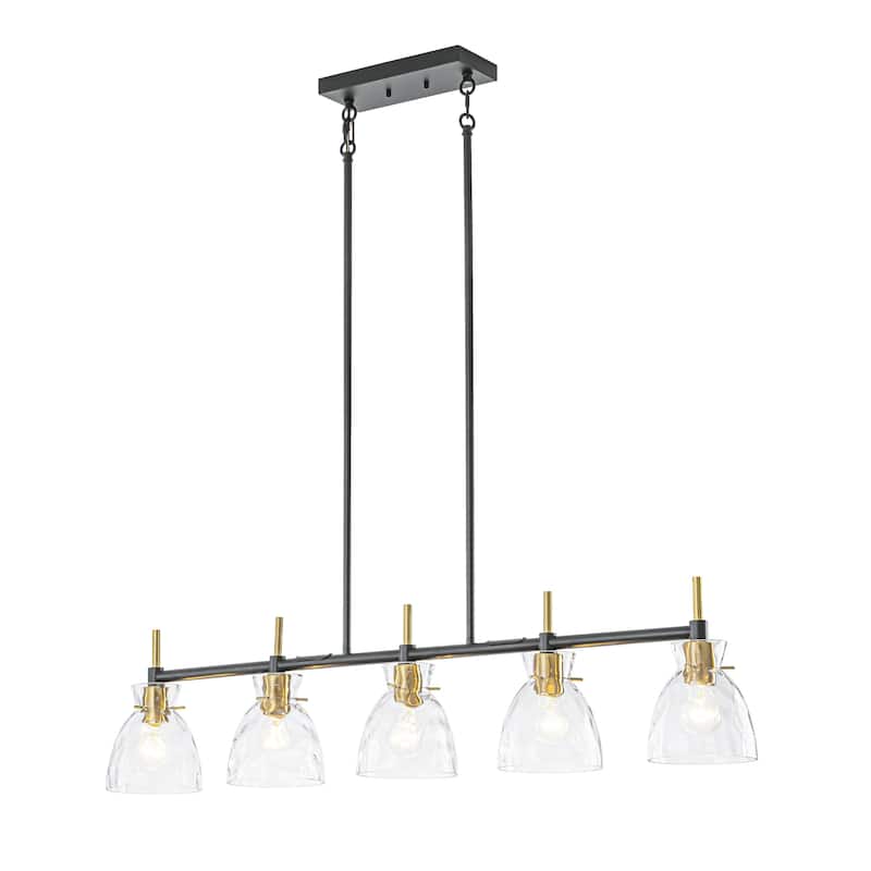 5-Light Modern Industrial Black & Gold Textured Glass Linear Pendant Light- Adjustable Hanging Ceiling Fixture for Dining Room,