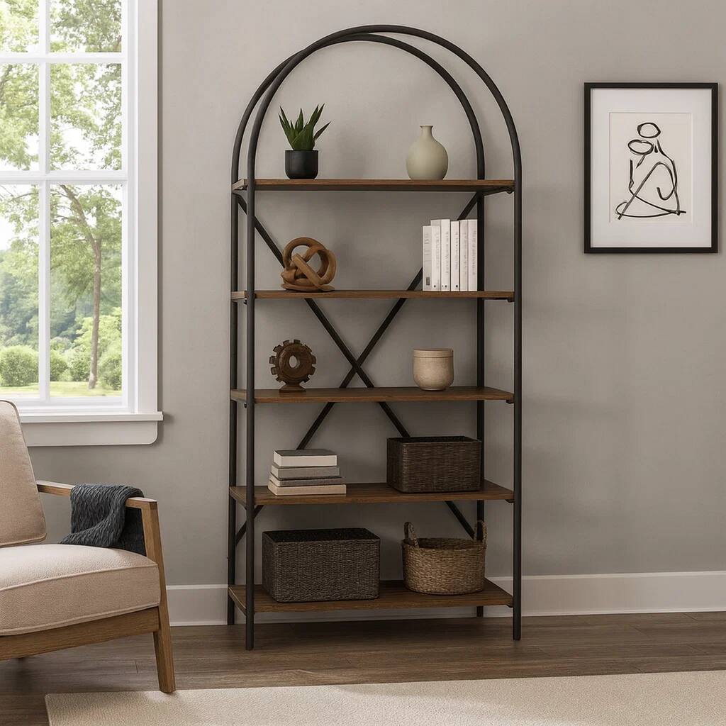 Tubular Framed Bookcase with 5 open Shelves, Brown and Black