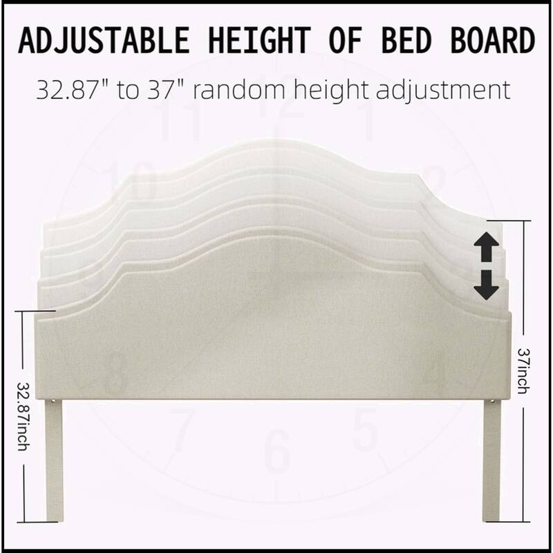 Linen Fabric Padded Platform Bed with Adjustable Headboard