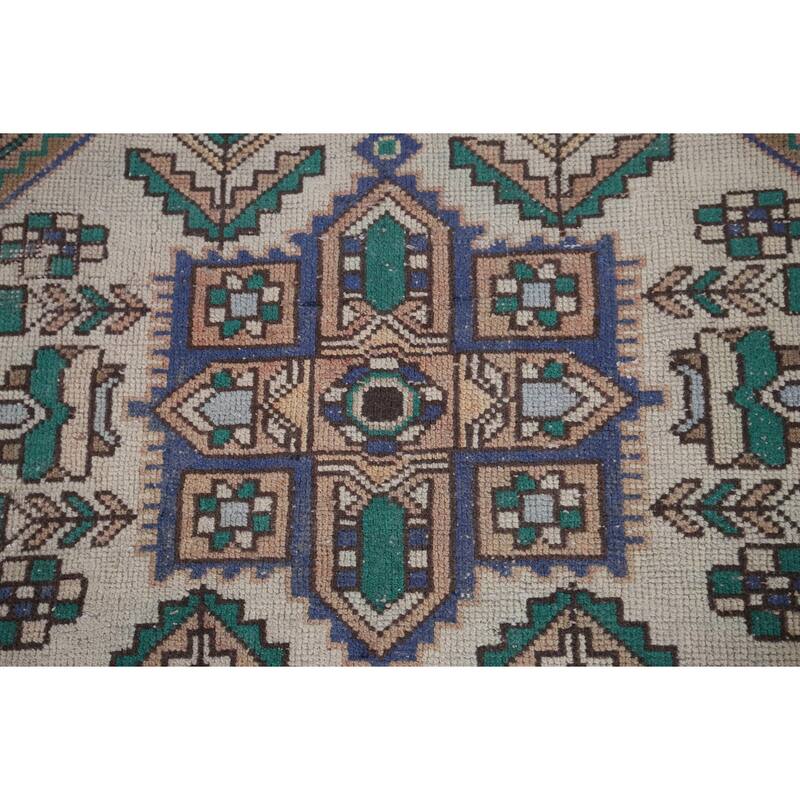 Beige Geometric Bakhtiari Vintage Persian Rug Handmade Wool Carpet - 4'10" x 9'9"