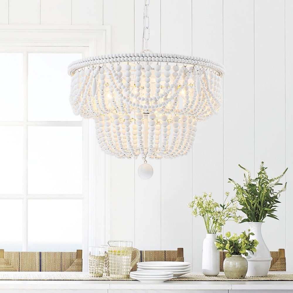 4-Light Washed-white Empire Wood Beaded Chandelier - 29.9 in