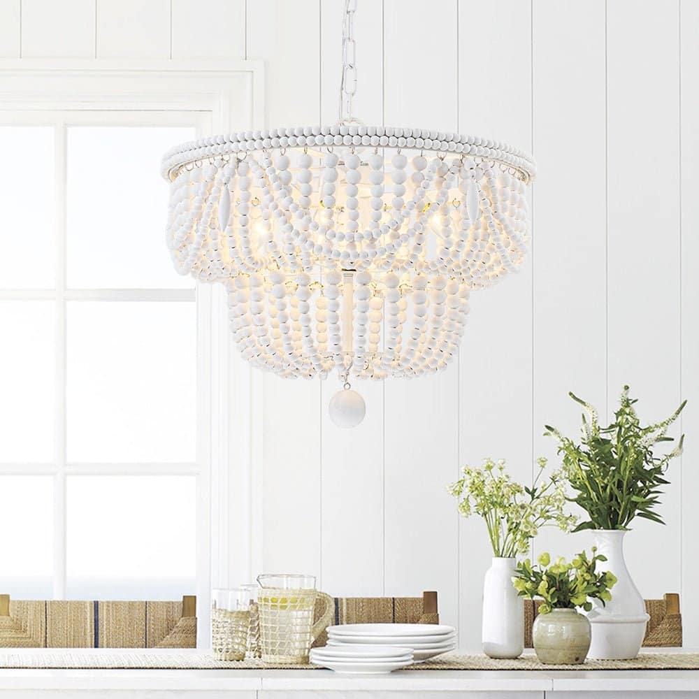 4-Light Washed-white Empire Wood Beaded Chandelier - 29.9 in