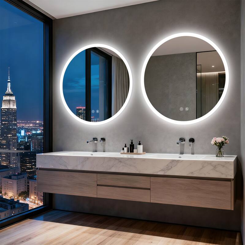 Backlit Round LED Lighted Bathroom Mirror Smart Touch Anti-Fog Wall Makeup Mirror with Aluminum Frame