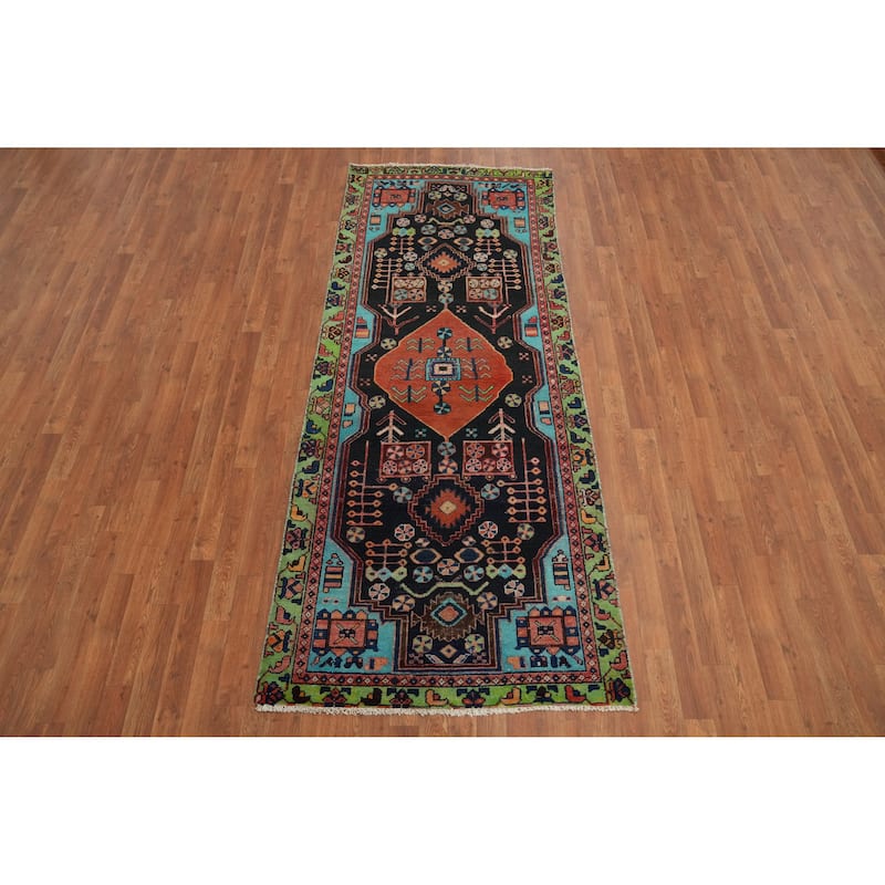 Hand Knotted Oriental 100% Wool Carpet Traditional Tribal Black Hamedan Runner Rug - 8' 6'' X 3' 4''