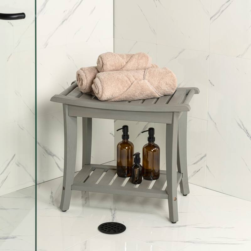 Tucker 22.1" Slatted Acacia Wood Indoor/Outdoor Shower Bench w/ Shelf & Handle, By JONATHAN Y - 22.1L x 12.99W x 18.5H