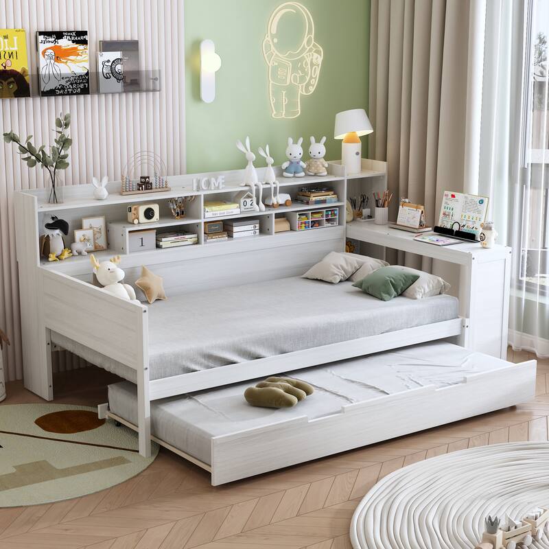 Full Size Daybed with Storage Shelves, Multi-Functional Bed with Twin Trundle and Built-In Study Desk, Space-Saving Design